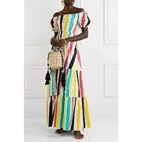 Caroline Constas Bardot Off Shoulder Striped Voile Maxi Dress - Picture 1 of 7